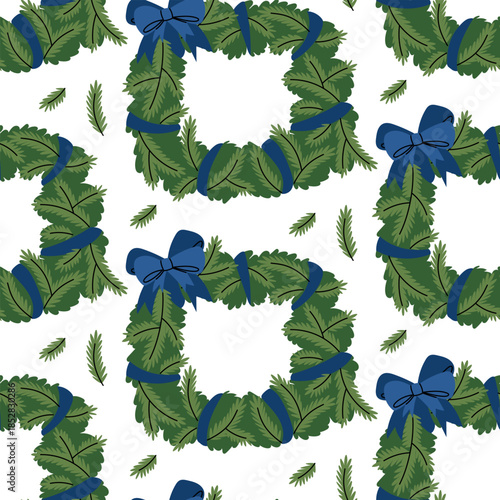 seamless pattern with flat Christmas square wreaths made of blue spruce branches and a bow. A festive evergreen texture for wrapping paper for holiday gifts, seasonal prints on textiles, or winter
