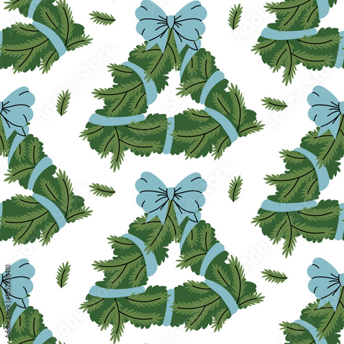 seamless pattern with flat Christmas triangular wreaths is tied with a blue ribbon and a bow. A festive evergreen texture for wrapping paper for holiday gifts, seasonal prints on textiles, or winter