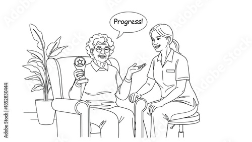 High-quality black continuous line art of senior celebrating progress with therapist encouragement, rehabilitation success, emotional support, elderly care, healthcare wellness illustration