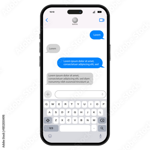 Billede på lærred Modern smartphone screen showing text message chat interface mockup