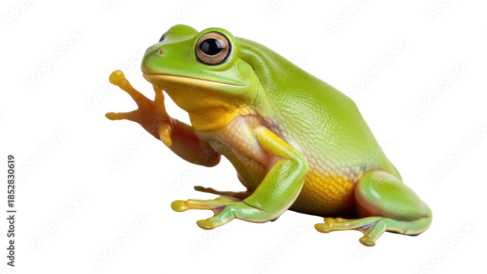 Fototapeta premium Green tree frog isolated PNG on transparent background, amphibian with smooth skin and large eyes for wildlife and nature designs