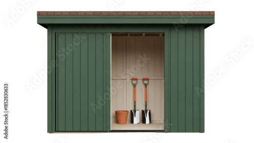 Canvas Print Green garden shed with tools inside isolated PNG, outdoor storage building for g