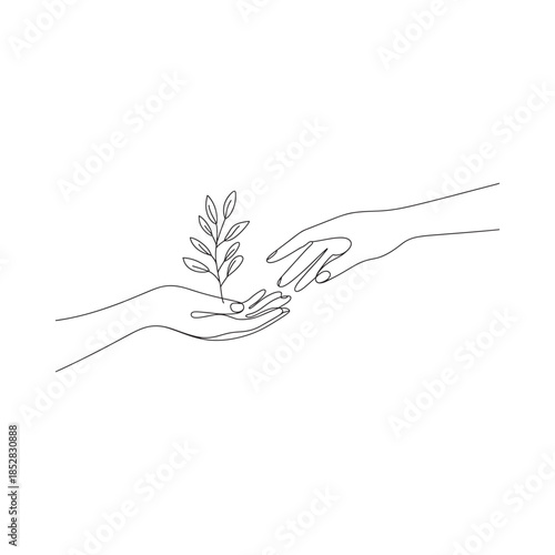 A delicate line drawing depicts hands gently offering a small plant