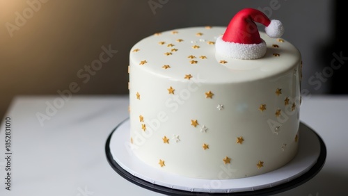 Playful white Christmas cake with smooth frosting, scattered golden star sprinkles and a fluffy red Santa hat topper, cheerful festive dessert centerpiece perfect for family holiday parties and winter