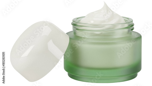 Green jar of face cream PNG isolated on transparent background, skincare product for beauty and personal care, cosmetic moisturizer