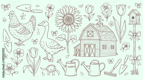 Garden scene with barn and animals Vector, illustration