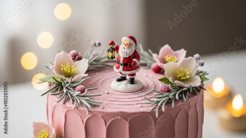 Delicate pink Christmas cake with scalloped buttercream sides, crowned with sugar flowers, frosted greenery and a cheerful Santa figurine, enchanting festive dessert centerpiece for elegant winter.
