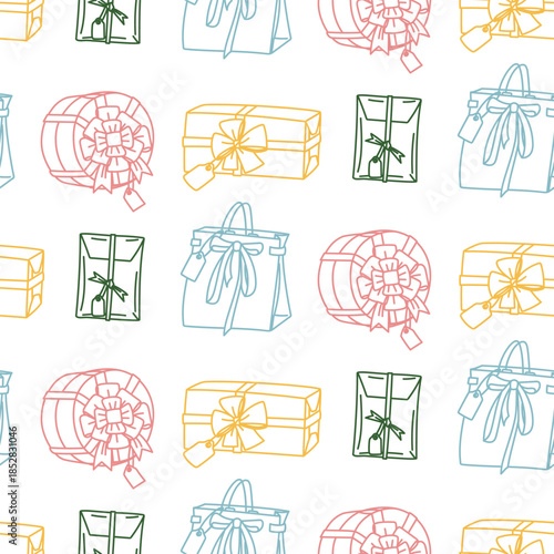 Seamless pattern with flat contours in a variety of Christmas gift boxes and bags. Colorful holiday design for festive wrapping paper, seasonal prints on textiles, or backgrounds for winter holidays