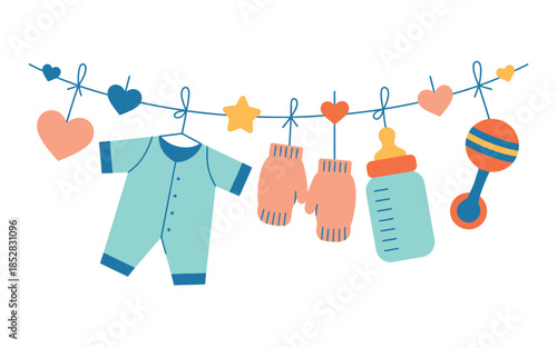 Baby Clothes and Toys Hanging on a Clothesline