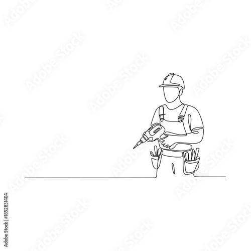 Continuous line drawing of a construction worker using a power drill