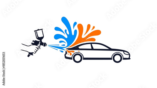 Car painting service with spray gun and colorful paint splashes.