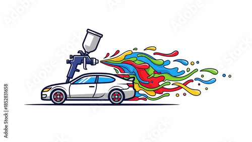 Car painting with a spray gun, vibrant colors splashing, automotive artwork.