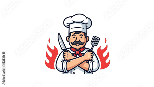 Cartoon Chef Character Holding Kitchen Utensils with Flames.