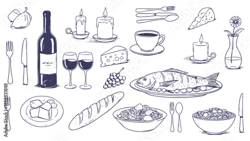 Dinner table setting with wine and food Vector, illustration
