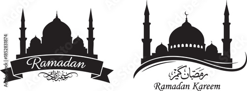 Classic Dome Mosque with Elegant Ramadan Arabic Calligraphy—Islamic Religious Vector Design