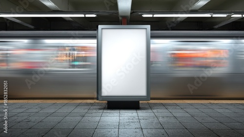 Blank vertical billboard mockup on a subway station platform with a blurred train moving in the background.