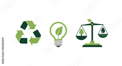 A trio of green environmental icons illustrating recycling, renewable energy, and ecological balance on a clean white background.