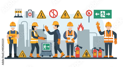 Industrial safety professionals and workers are depicted in a vibrant illustration, surrounded by essential protective equipment and warning signs.