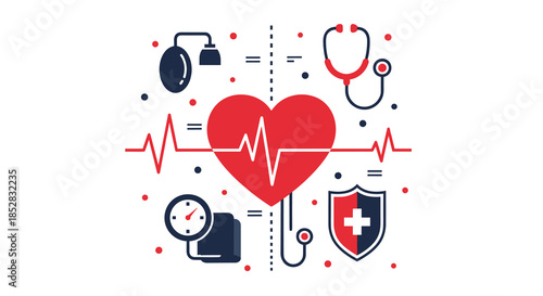 Vibrant illustration showcasing a healthy heart with a pulsating rhythm, surrounded by essential medical instruments like a stethoscope and blood pressure monitor, symbolizing comprehensive
