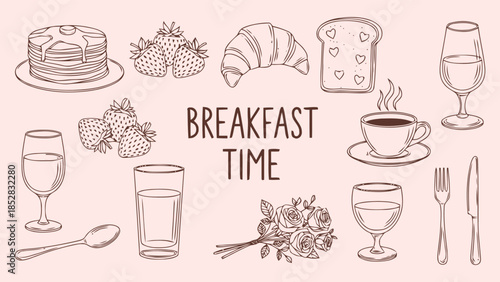 Delicious breakfast spread with beverages and utensils Vector, illustration