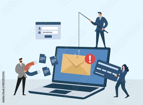 Cybersecurity flat vector illustration of phishing email scam, data theft, password login, online payment fraud, business people protecting information, Phishing email attack, Data theft and leaks