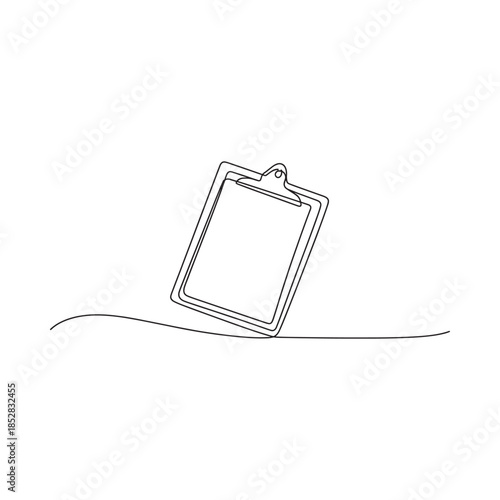 A single line drawing depicts a simple empty clipboard with a looping tail