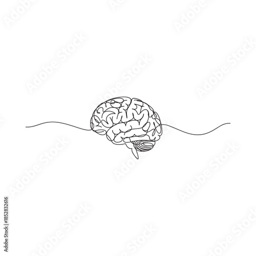 Minimalist line art depiction of a human brain connected by flowing lines