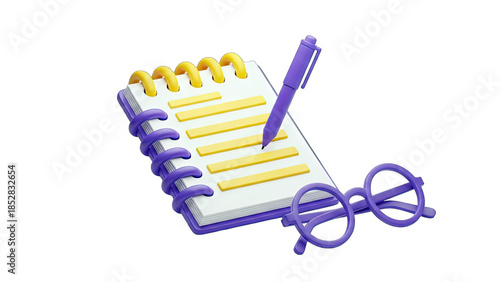 Notebook with Pen Writing and Glasses on White