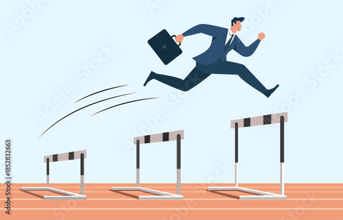 Businessman jumping hurdles on a track, symbolizing career growth, overcoming obstacles, ambition, determination, and fast corporate success, Career growth, Overcoming obstacles, Ambition