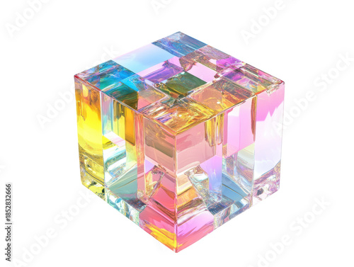 Vibrant crystal cube with colorful reflections on black background