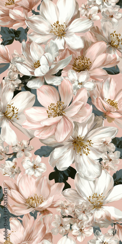 Dense pastel floral pattern with blush pink and cream blossoms