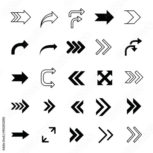 Dynamic collection of modern arrow icons and symbols conveying direction, progress, and movement for sleek digital interfaces and infographics
