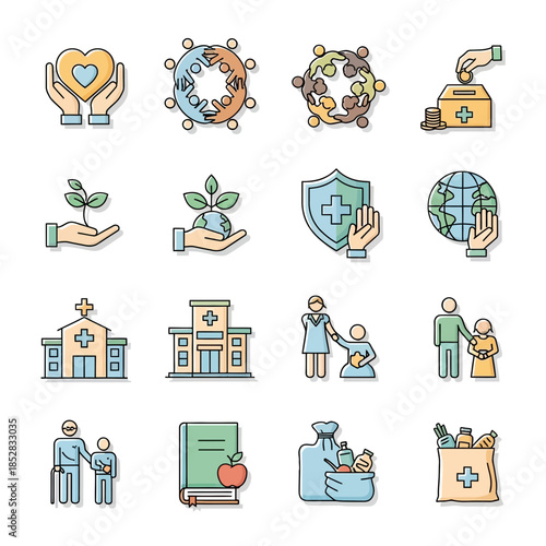 Diverse icons symbolizing community care, healthcare, education, and global support visually communicate compassion and positive impact for impactful projects.