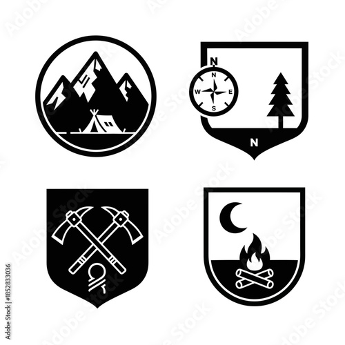 Dynamic outdoor adventure icons capture camping, hiking, and exploration spirit with vintage emblem style