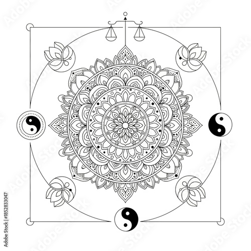 Harmonious mandala design symbolizing balance with yin yang and lotus elements, perfect for spiritual decor and wellness branding