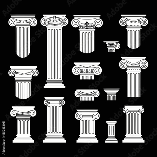 Elegant ionic and corinthian columns collection for classic architectural design inspiration and historical projects