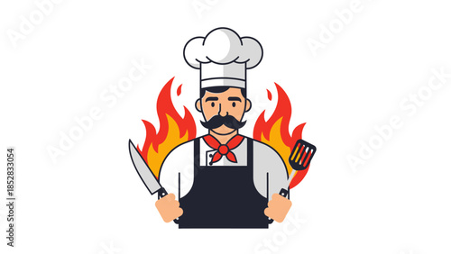 Chef with Knife and Spatula Surrounded by Flames.