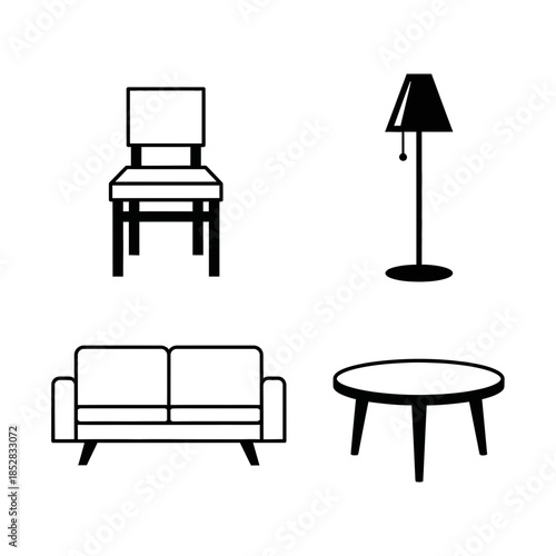 Modern furniture icons set featuring a sleek sofa, minimalist chair, elegant lamp, and stylish coffee table for interior design inspiration.