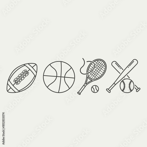Dynamic collection of iconic sports equipment including football, basketball, tennis racket with ball, and baseball bats with ball, perfect for active lifestyle and athletic themes.