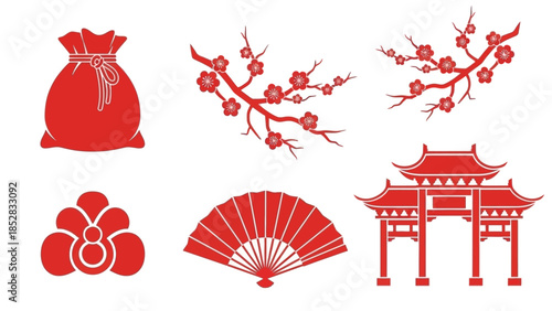 Collection of Red Chinese Traditional Objects and Symbols.