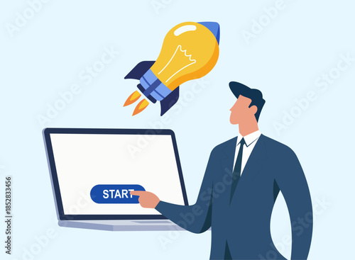 Startup Launch Concept with Businessman, Laptop Start Button and Rocket Lightbulb Symbolizing New Innovative Project Kickoff, Innovation Launch, Startup Beginning, Business Decision