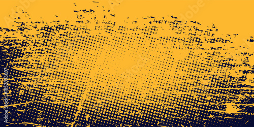 Yellow and black backdrop with dot halftone pattern element. Abstract brush grunge background.