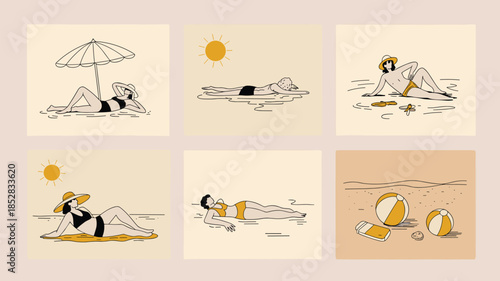 Summer Vacation Activity Illustration Set with People Swimming Surfing Sunbathing and Beach Leisure Line Vector