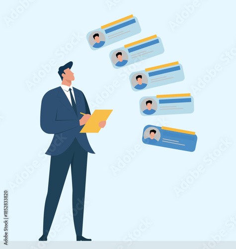 Candidate selection review illustration, HR manager analyzing digital profiles, recruitment process and CV screening concept in modern flat vector style, Talent sourcing, Candidate selection