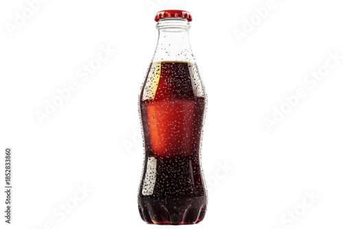 Glass bottle of cola with condensation on a black background