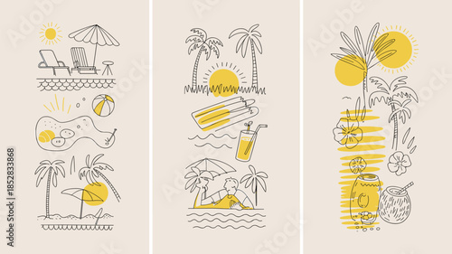 Summer Vacation Poster Set with Tropical Beach Palm Trees Sun and Travel Elements Modern Vector Illustration