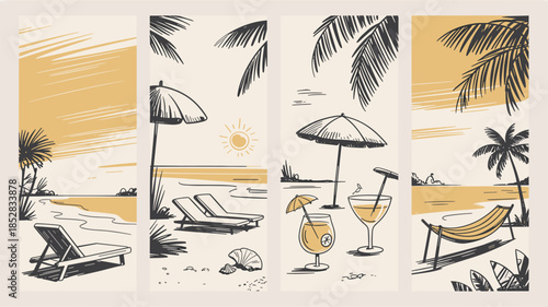 Tropical Beach Lounge Poster Set with Palm Trees Sunbeds Cocktails and Summer Vacation Scene Vector Illustration