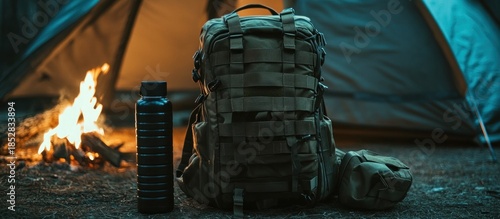 Wallpaper Mural Tactical backpack and water bottle at a campsite with a glowing campfire and tents at night Torontodigital.ca