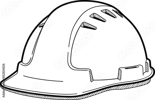 Construction hard hat icon, safety helmet sketch, protective gear, industrial equipment, worker safety, black and white line art