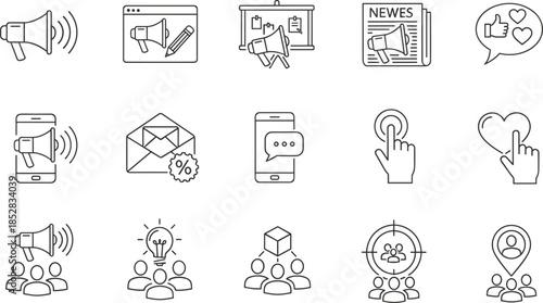 Digital marketing icon set, megaphone, mobile, email, user interaction, communication, social media, targeting, black and white line art